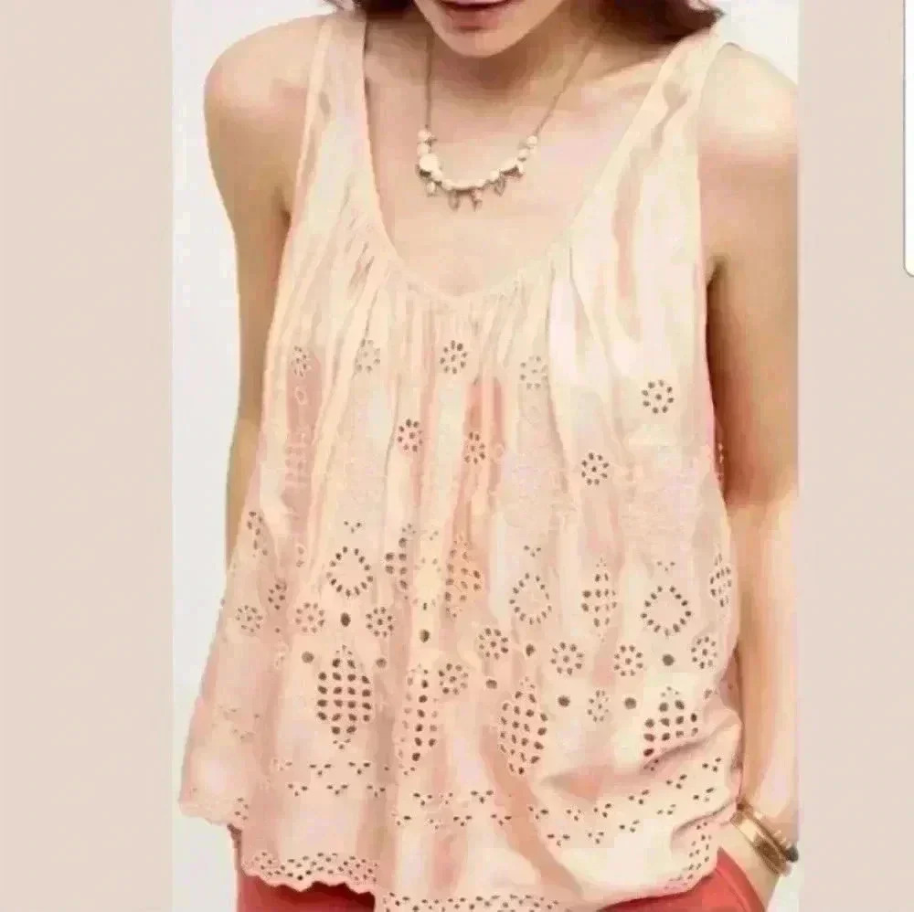 Anthro Vanessa Virginia Pink Eyelet Embroidered Swing Tank size 4